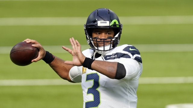Seattle Seahawks quarterback Russell Wilson warms up