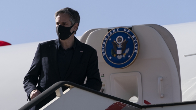 U.S. Secretary of State Antony Blinken boards his plane upon departure from Queen Alia International Airport in Jordan.