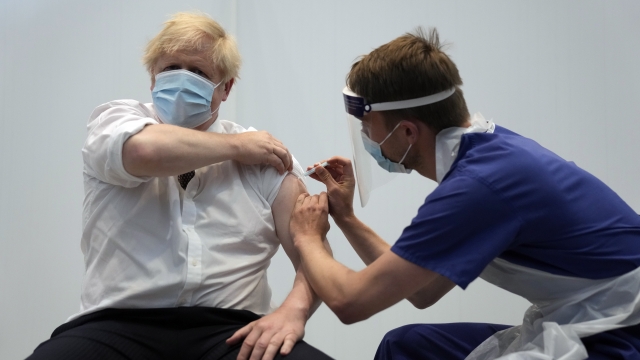 British Prime Minister Boris Johnson receives his second jab of the AstraZeneca coronavirus vaccine