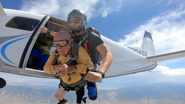 Elderly man skydives