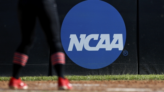 College athlete standing near a NCAA logo during a softball game.