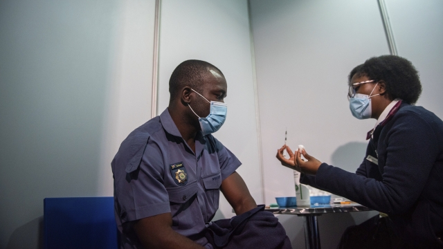 A policeman receives his J&J COVID-19 vaccine in Soweto, South Africa.