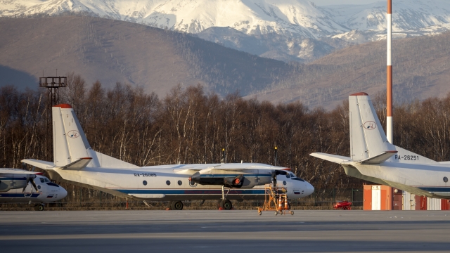 The Antonov An-26 with the same board number #RA-26085 as the missing plane parked at Airport Elizovo.