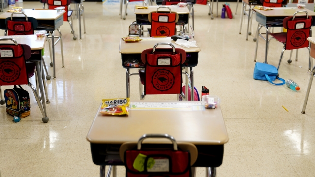 desks are arranged in a classroom at an elementary school in Nesquehoning, Pa.