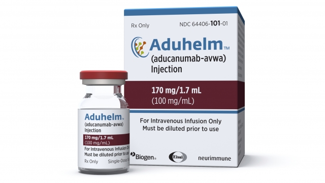 Vial and packaging for the Alzheimer's treatment drug Aduhelm.