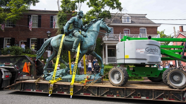 Monument of Stonewall Jackson being hauled away in Charlottesville, Virginia.