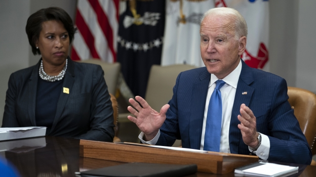 Washington Mayor Muriel Bowser listens as President Joe Biden speaks during a meeting on reducing gun violence