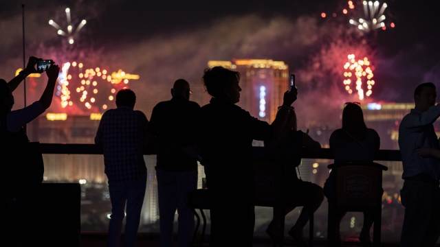spectators watch as fireworks explode over the Las Vegas Strip during a 4th of July