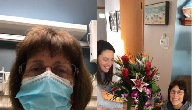 Kim Thacker the morning of her lung tumor surgery at the hospital and recovering at home the same day.