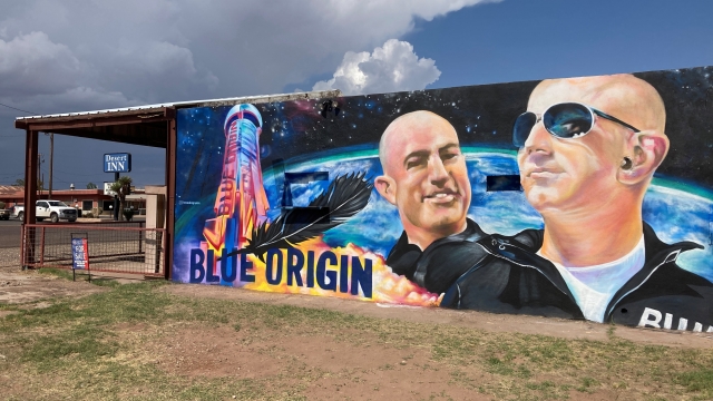 The side of a building in Van Horn, Texas, is adorned with a mural of Blue Origin founder Jeff Bezos