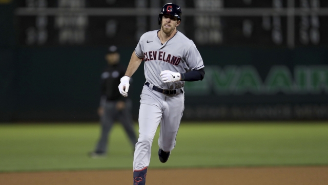 Cleveland Indians' Bradley Zimmer runs the bases after hitting a home run.