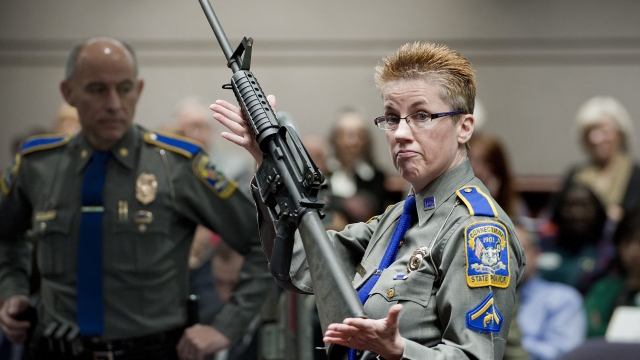 A Connecticut State Police Detective holds up a Bushmaster AR-15 rifle.
