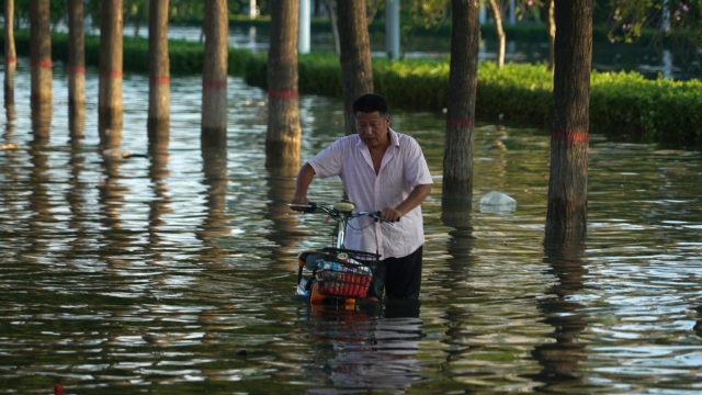 a man pushes a scooter through floodwaters in Xinxiang in central China's Henan Province