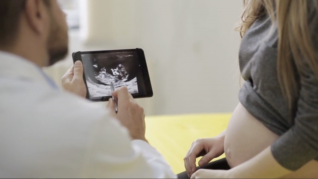 Doctor shows pregnant woman ultrasound.