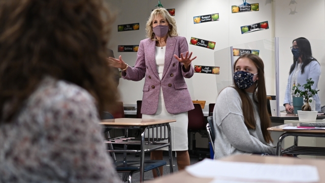 First lady Jill Biden speaks with students as she tours Fort LeBoeuf Middle School in Waterford, Pa. on March 3, 2021.