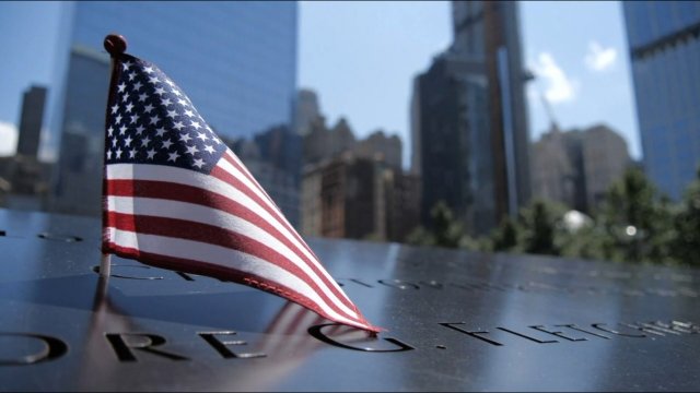 American flag sits on the 9/11 memorial.