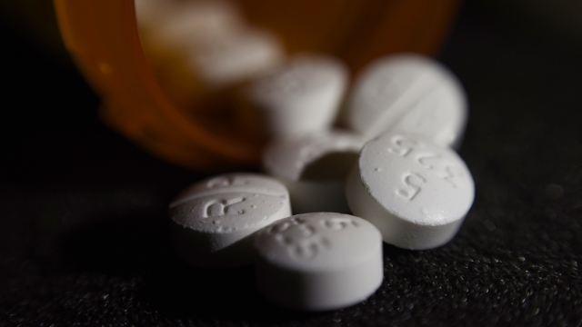 An arrangement of pills of the opioid oxycodone-acetaminophen.