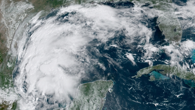This satellite image provided by NOAA shows Tropical Storm Nicholas in the Gulf of Mexico on Sunday.