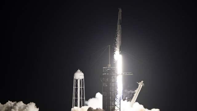 A SpaceX Falcon 9 lifts off with four private citizens from Pad 39A at the Kennedy Space Center in Cape Canaveral, Fla.