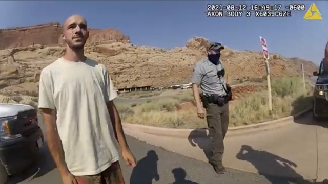 This police camera video provided by The Moab Police Department shows Brian Laundrie talking to a police officer.