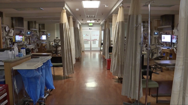 Inside an empty hospital.
