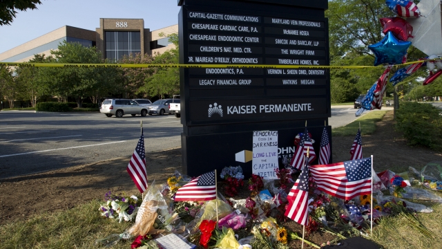 Memorial outside the office building of The Capital Gazette newspaper in Annapolis, Maryland.