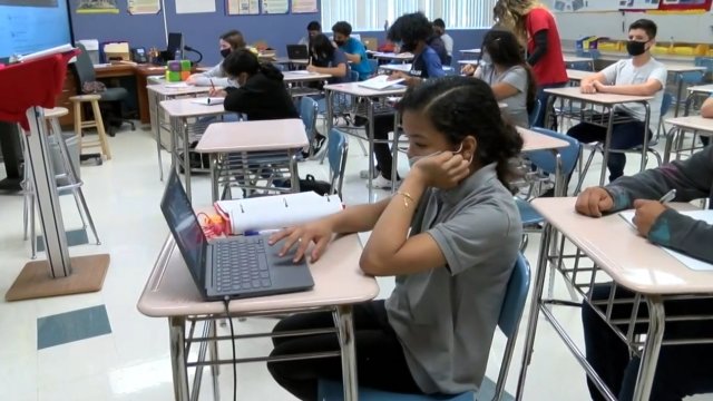 Student works on a laptop.
