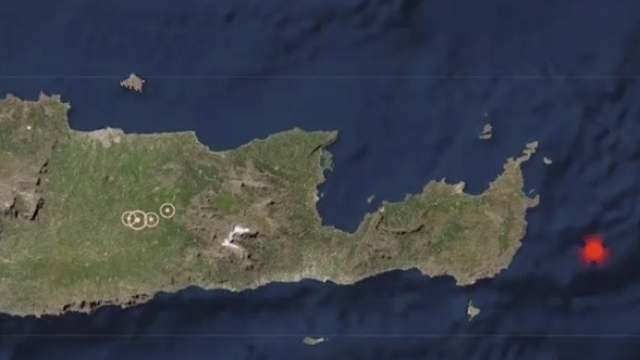 Map showing the location of an earthquake near Crete, Greece.