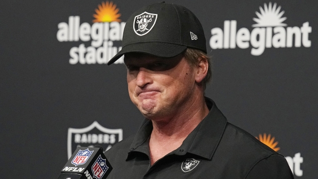 Las Vegas Raiders head coach Jon Gruden speaks during a news conference after an NFL football game against the Chicago Bears.