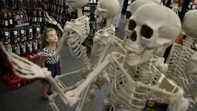 A girl looks at the Halloween skeletons at a retail store.