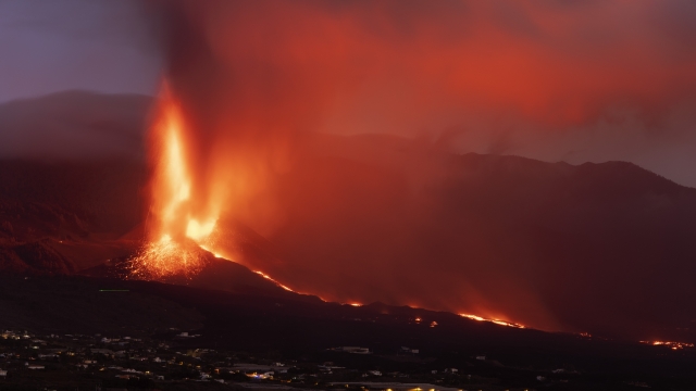 Lava erupts from a volcano on the Canary Island of La Palma, Spain, Tuesday, October 26, 2021.