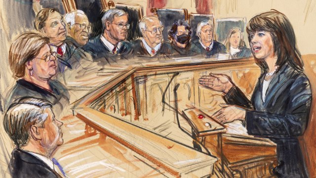 An artist sketch depicts Solicitor General Elizabeth Prelogar presenting an argument before the Supreme Court.
