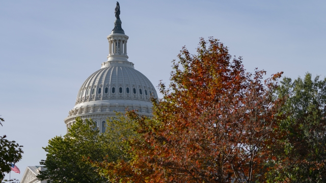 The U.S. Capitol is seen past fall foliage