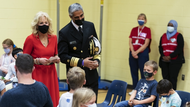 First Lady Jill Biden with Surgeon General Dr. Vivek Murthy at an elementary school.