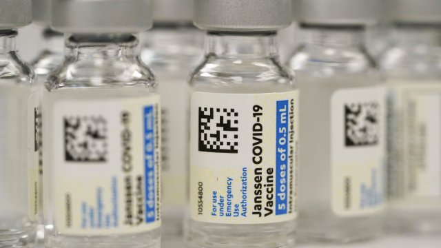 vials of Johnson & Johnson COVID-19 vaccine at a pharmacy in Denver