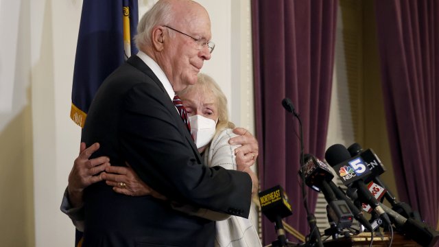 Sen. Patrick Leahy hugs his wife Marcelle Pomerleau.