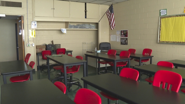 A photo of an empty classroom at a school in Detroit.