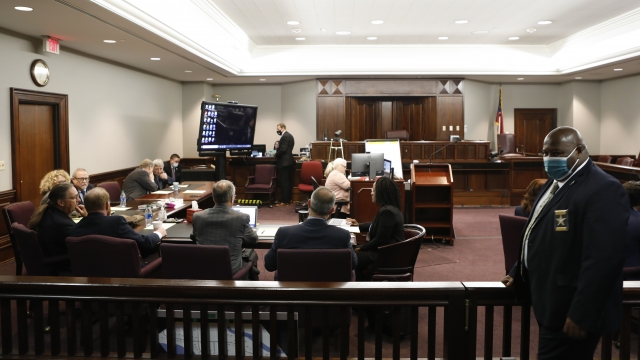 A general view shows the courtroom of the trial