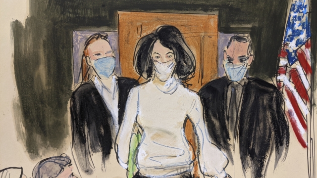 In this courtroom sketch, Ghislaine Maxwell enters the courtroom escorted by U.S. Marshalls