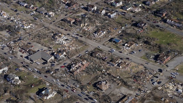Destruction in downtown Mayfield, Ky. is seen in the aftermath of tornadoes that tore through the region.