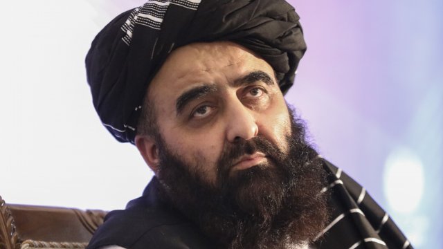 The foreign minister in Afghanistan's new Taliban-run Cabinet, Amir Khan Muttaqi, gives a press conference.