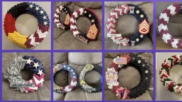 Holiday wreaths made of military uniforms