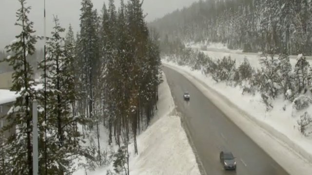 Snow surrounds I-80 in Northern California.