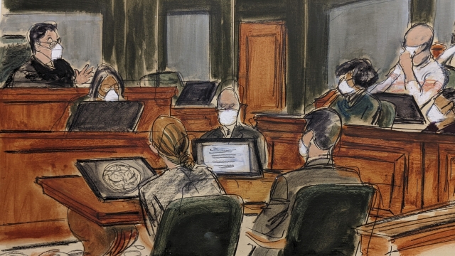 In this courtroom sketch, Judge Alison Nathan, far left, speaks to the jury, right, about the new deliberations schedule