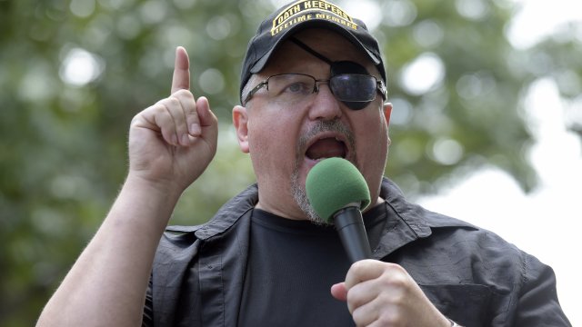Stewart Rhodes, founder of the Oath Keepers, speaks during a rally