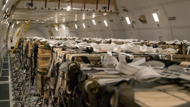 Pallets of ammunition, weapons and other equipment bound for Ukraine