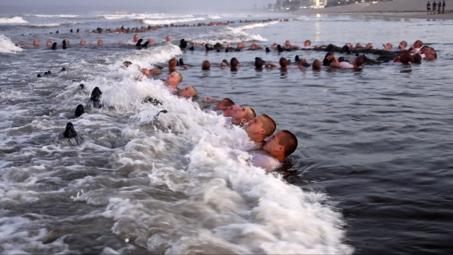 U.S. Navy SEAL candidates participate in "surf immersion" during training.
