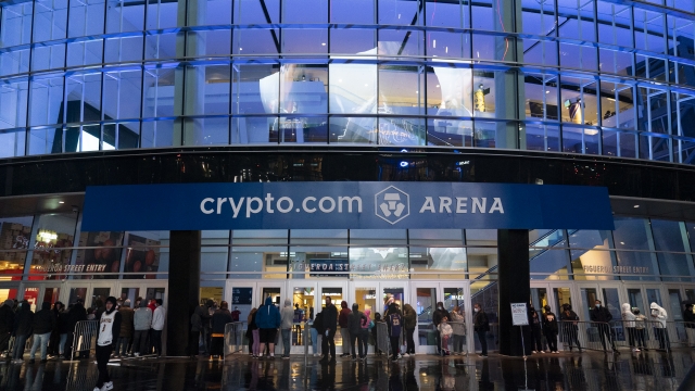 A Crypto.com Arena sign hangs outside an arena.