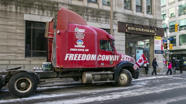 The words "Freedom Convoy 2022" on a semi-truck in Canada