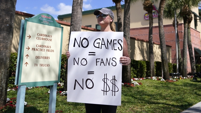 Baseball fan holds sign